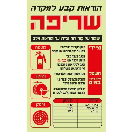 שילוט פולט אור הוראות קבע למקרה שריפה