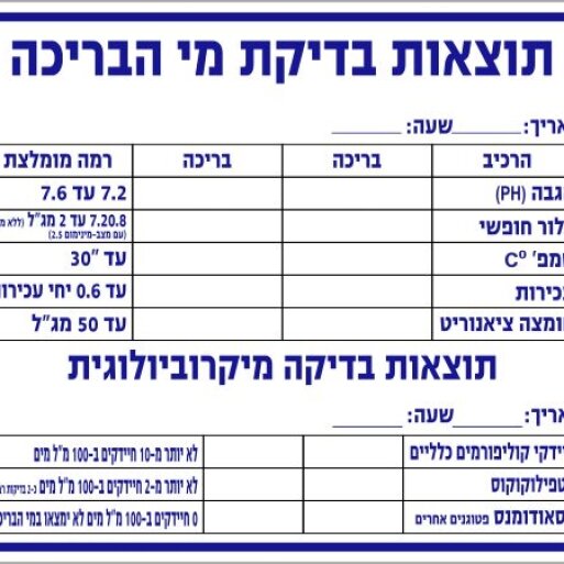 שלט לבדיקות מים בבריכה