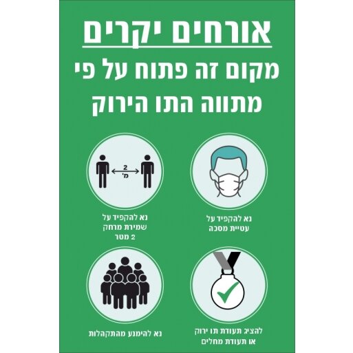 שלט הנחיות מתווה תו ירוק בהתאם להוראות משרד הבריאות